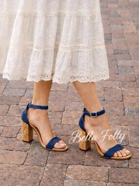 Steve Madden Denim Carson Cork Block Heel Sandals Size 7 Coastal Chic Resortcore